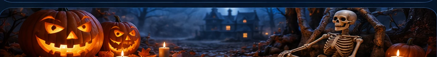 Halloween pumpkins, candles and spooky decorations outdoors at night