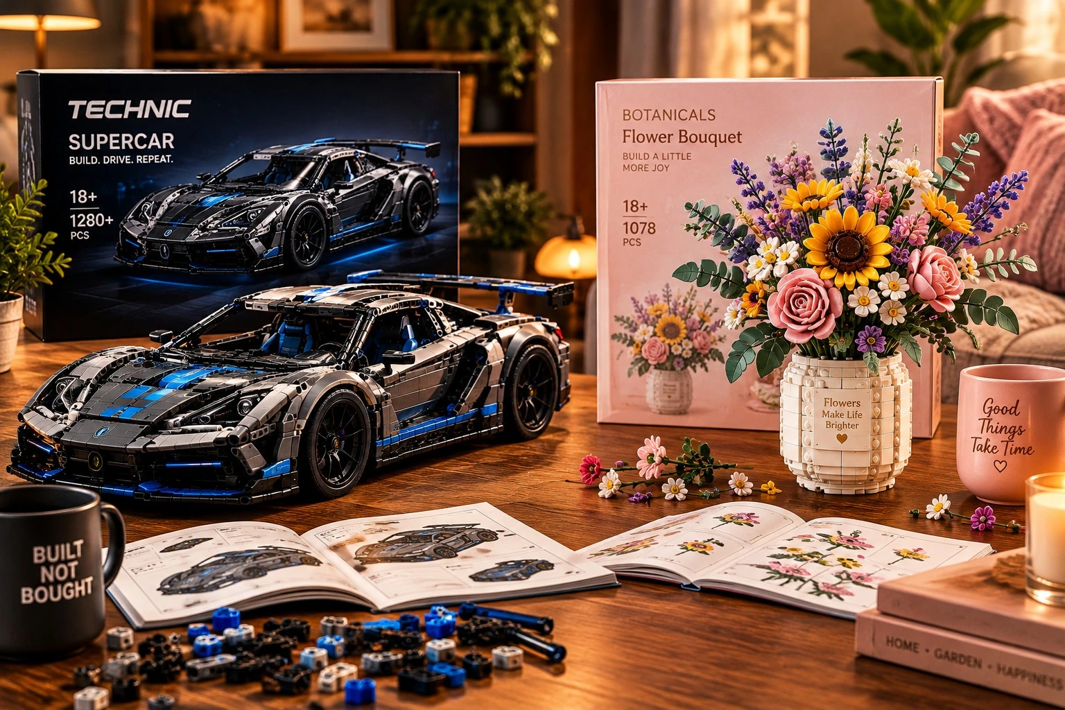 Adult building sets featuring a detailed sports car and botanical flower display
