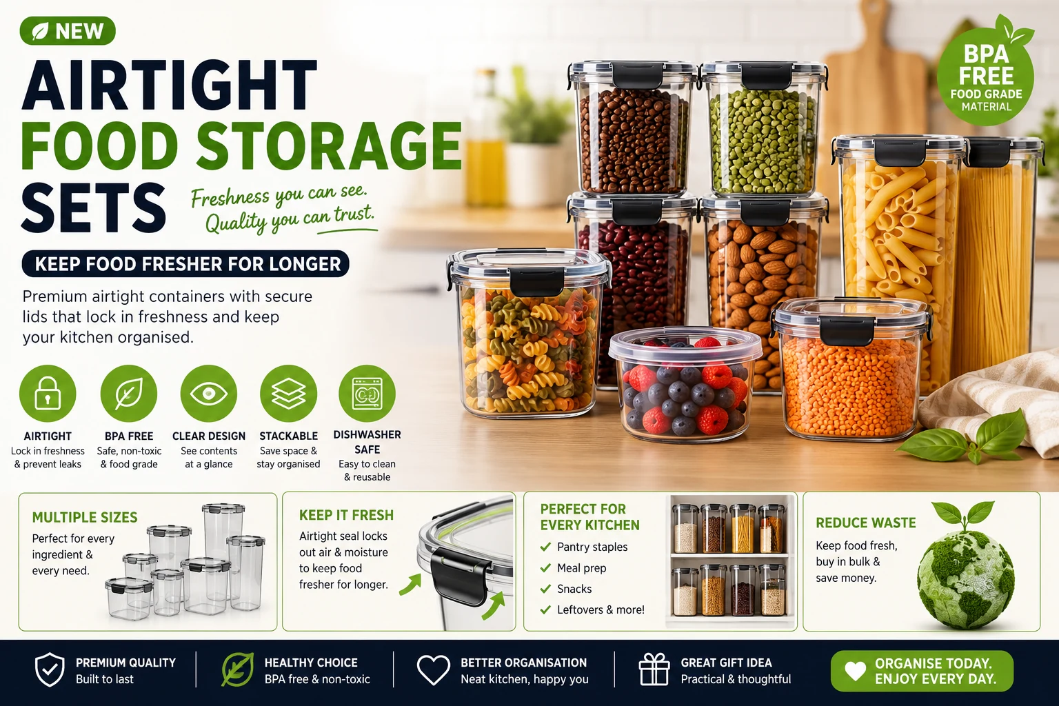 Clear airtight food storage container set for kitchen and pantry organisation