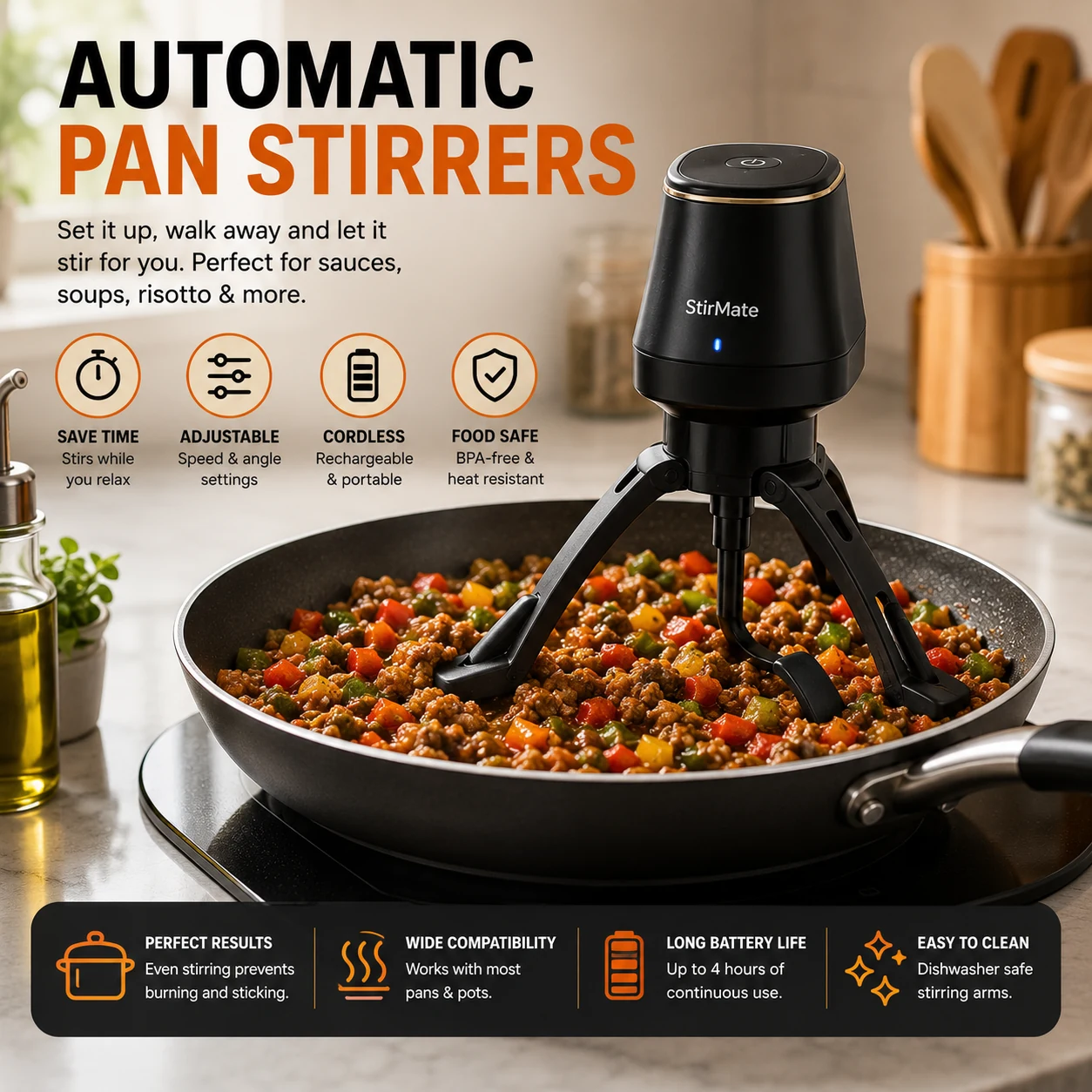 Automatic pan stirrer working hands-free over a frying pan