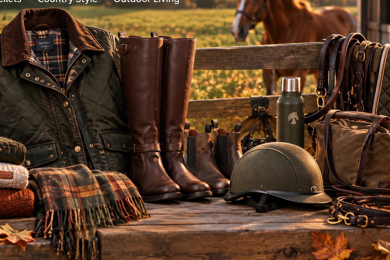 Autumn equestrian and barn-style jackets, boots and country accessories