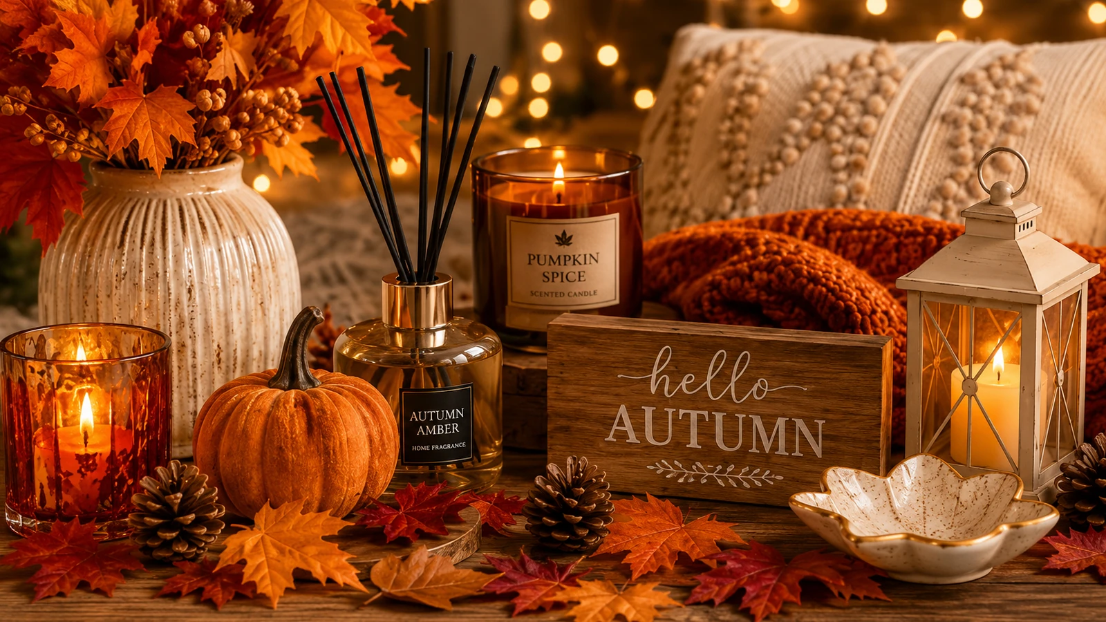 Autumn home decor with candles, diffuser, pumpkins, lantern, cushions and seasonal accents