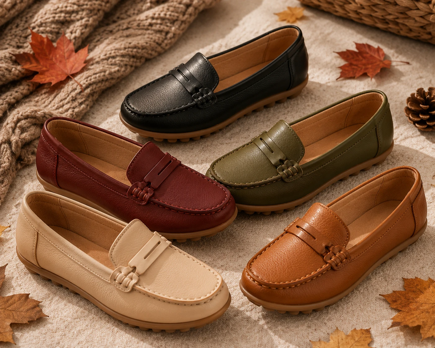 Autumn loafers and soft leather flats in seasonal colours