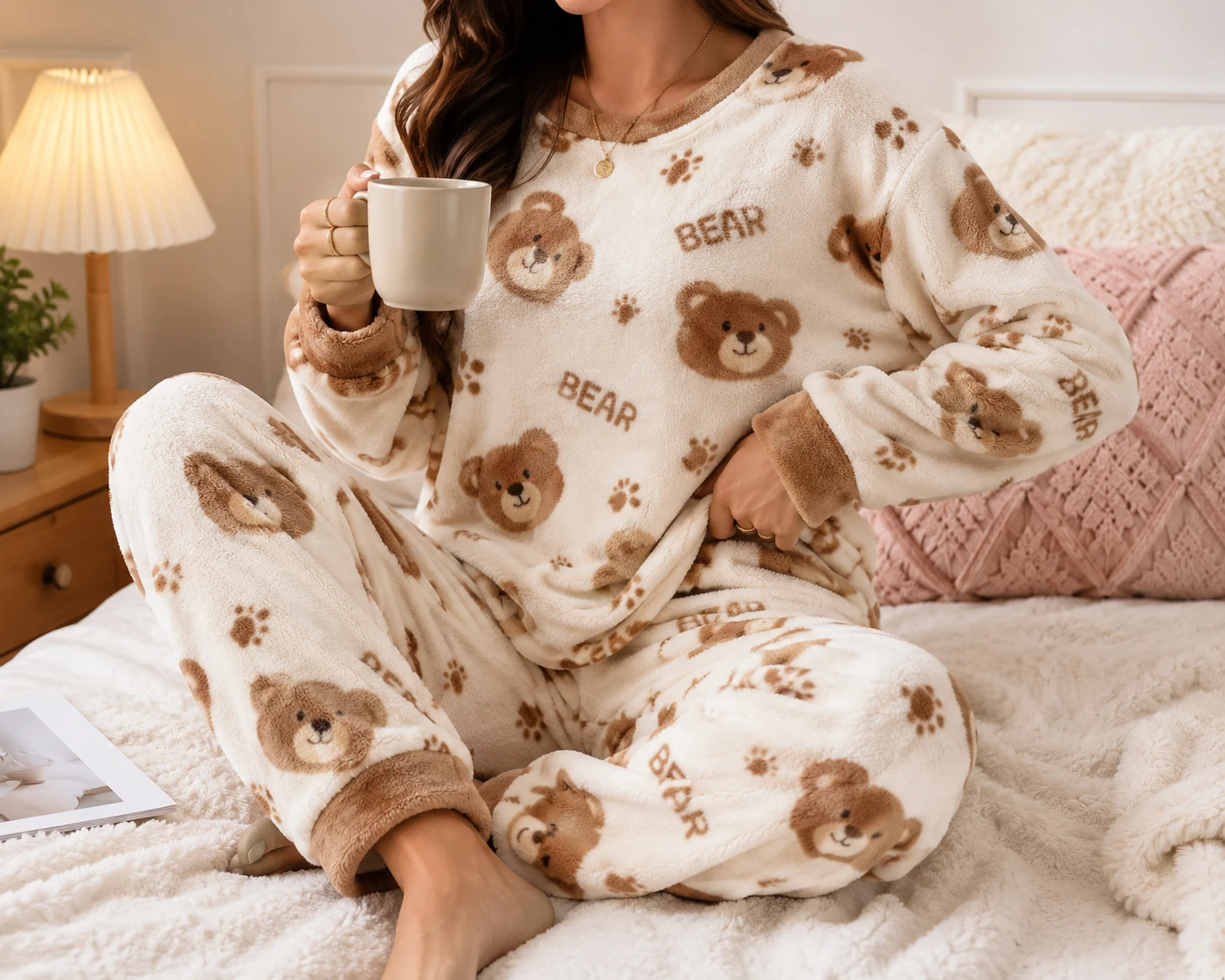 Cozy cartoon flannel pyjama set in a bedroom setting