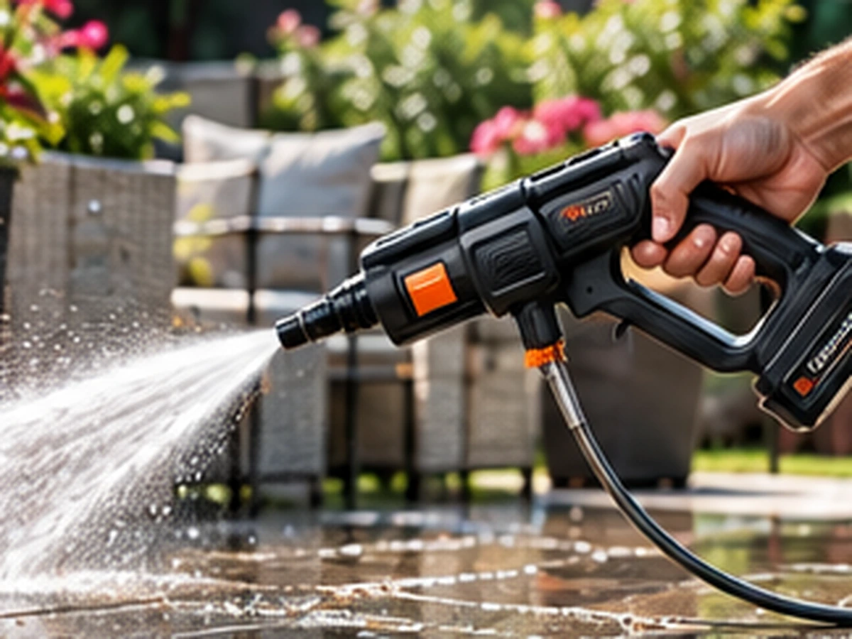Cordless portable pressure washer cleaning an outdoor surface