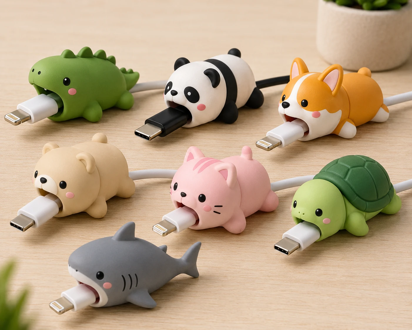 Cute animal cable protectors on charging cables