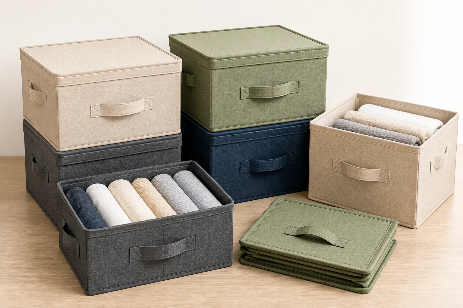 Foldable fabric storage boxes in neutral colours