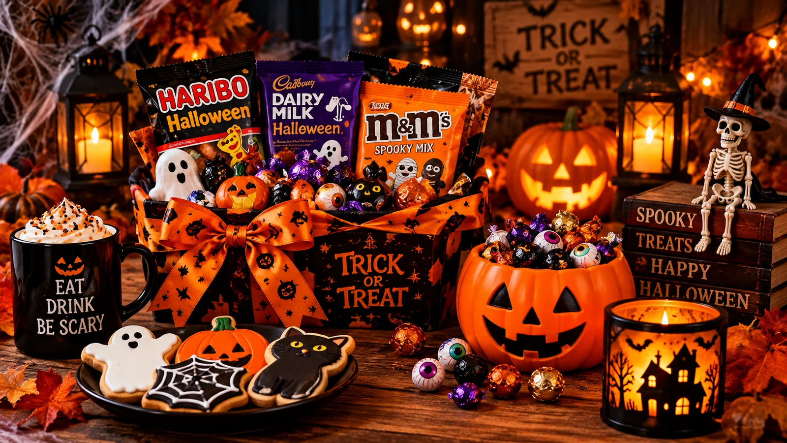 Halloween gifts and treats with sweets, biscuits, pumpkins, lanterns and spooky decorations