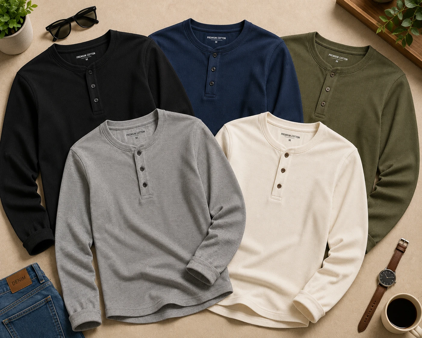 Long sleeve henley tops in neutral autumn colours
