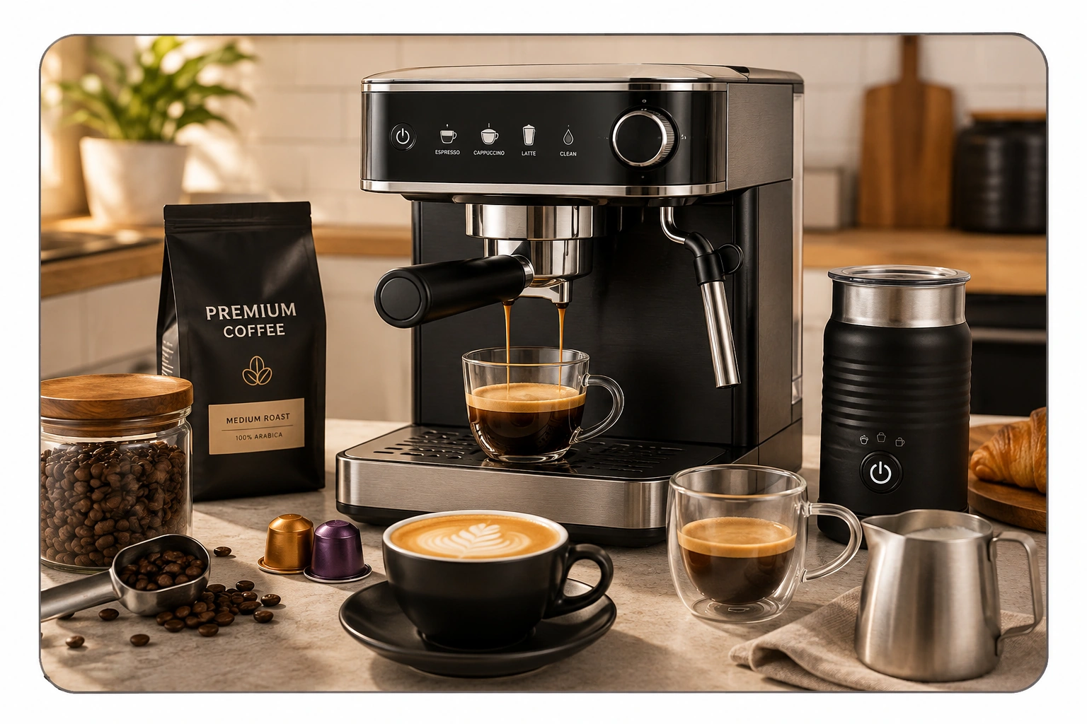 Home café espresso machine with coffee, milk frother and barista accessories