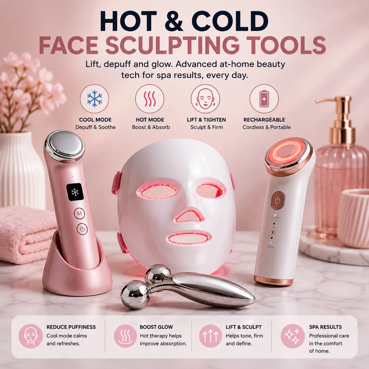 Hot and cold face sculpting tools with cooling, warming and facial massage devices