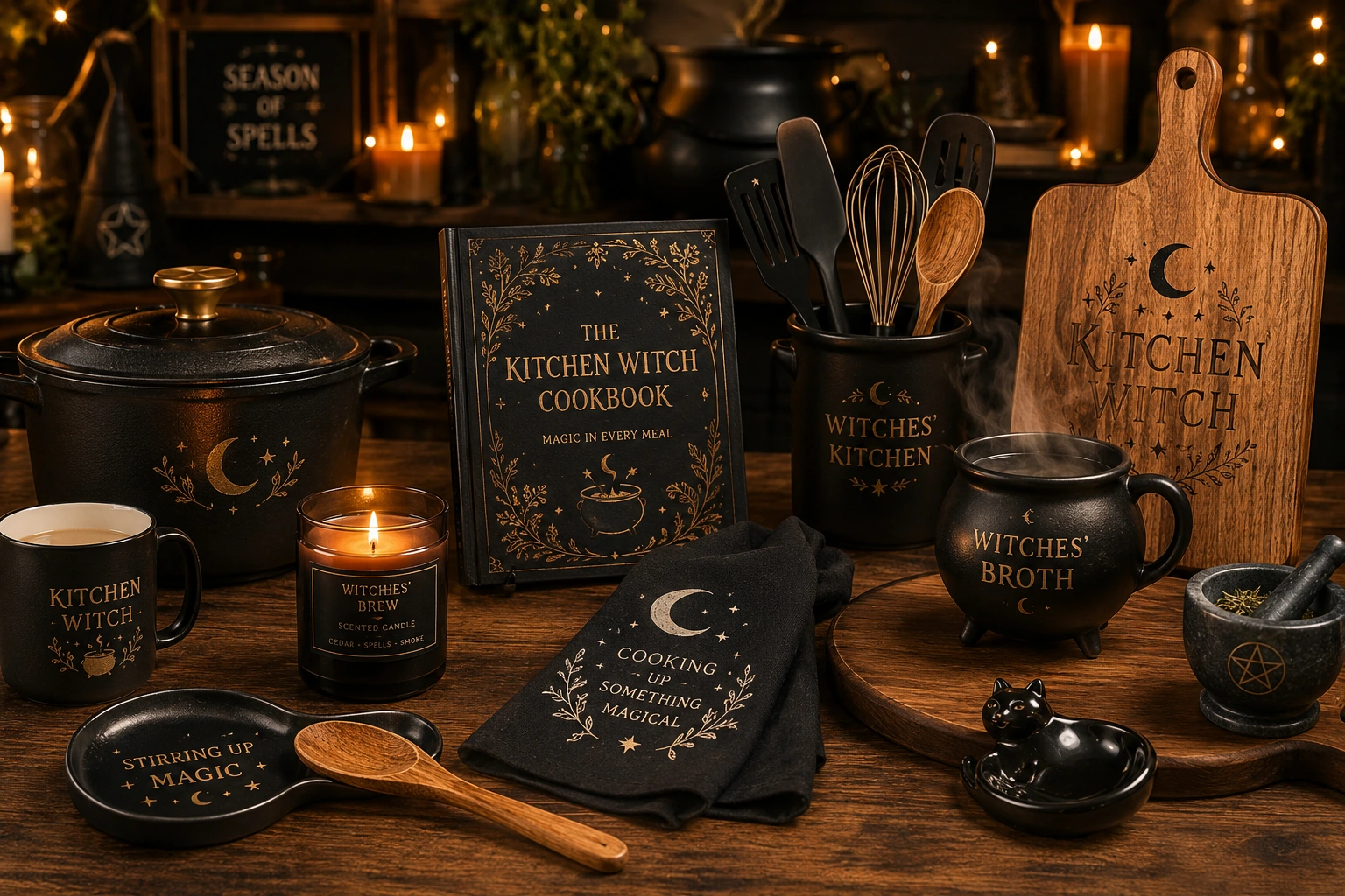 Kitchen Witch décor with black cookware, celestial kitchen accessories and warm candlelight