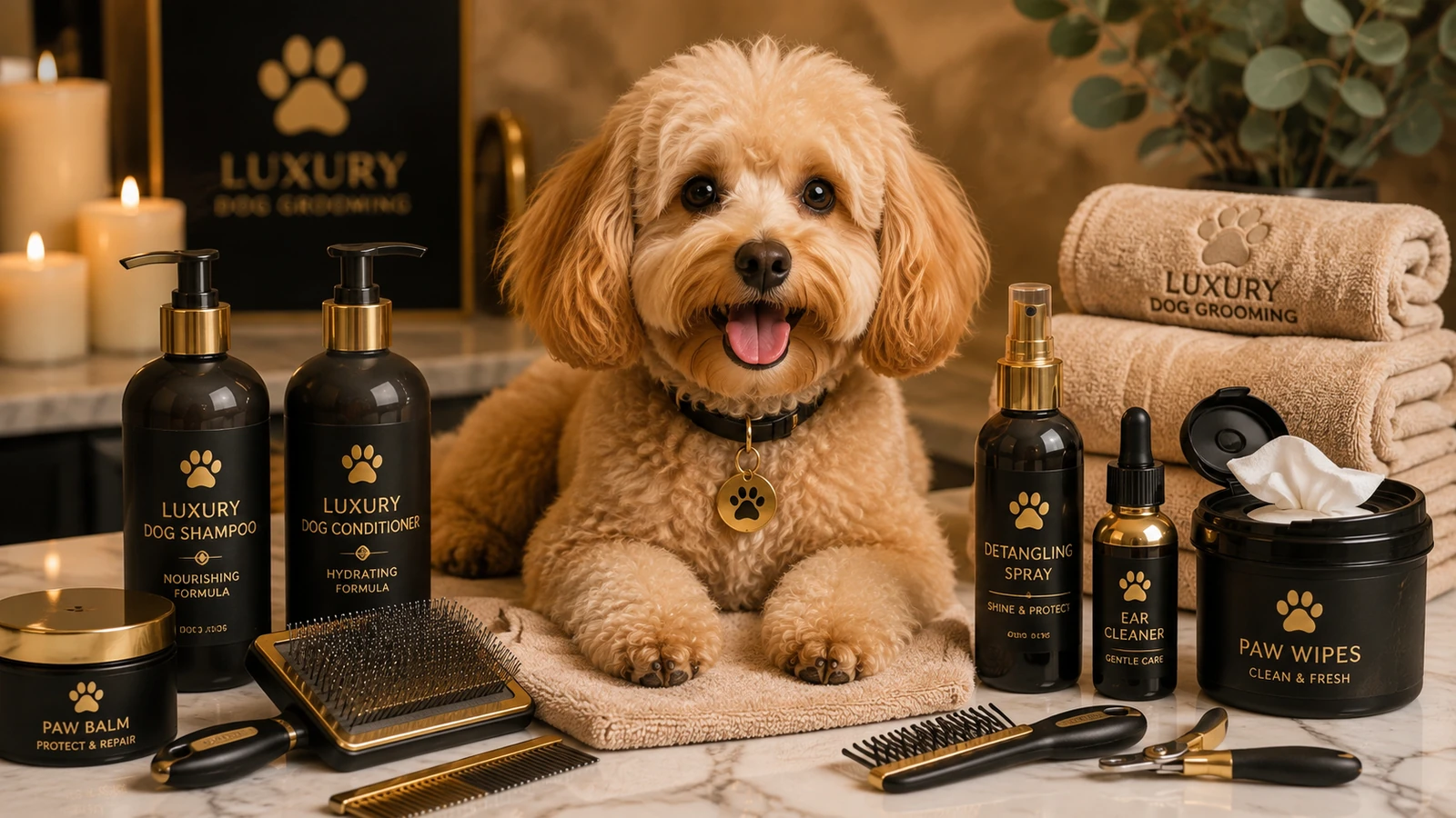 Luxury dog grooming products with a well-groomed dog, shampoo, conditioner, brushes and pet care essentials