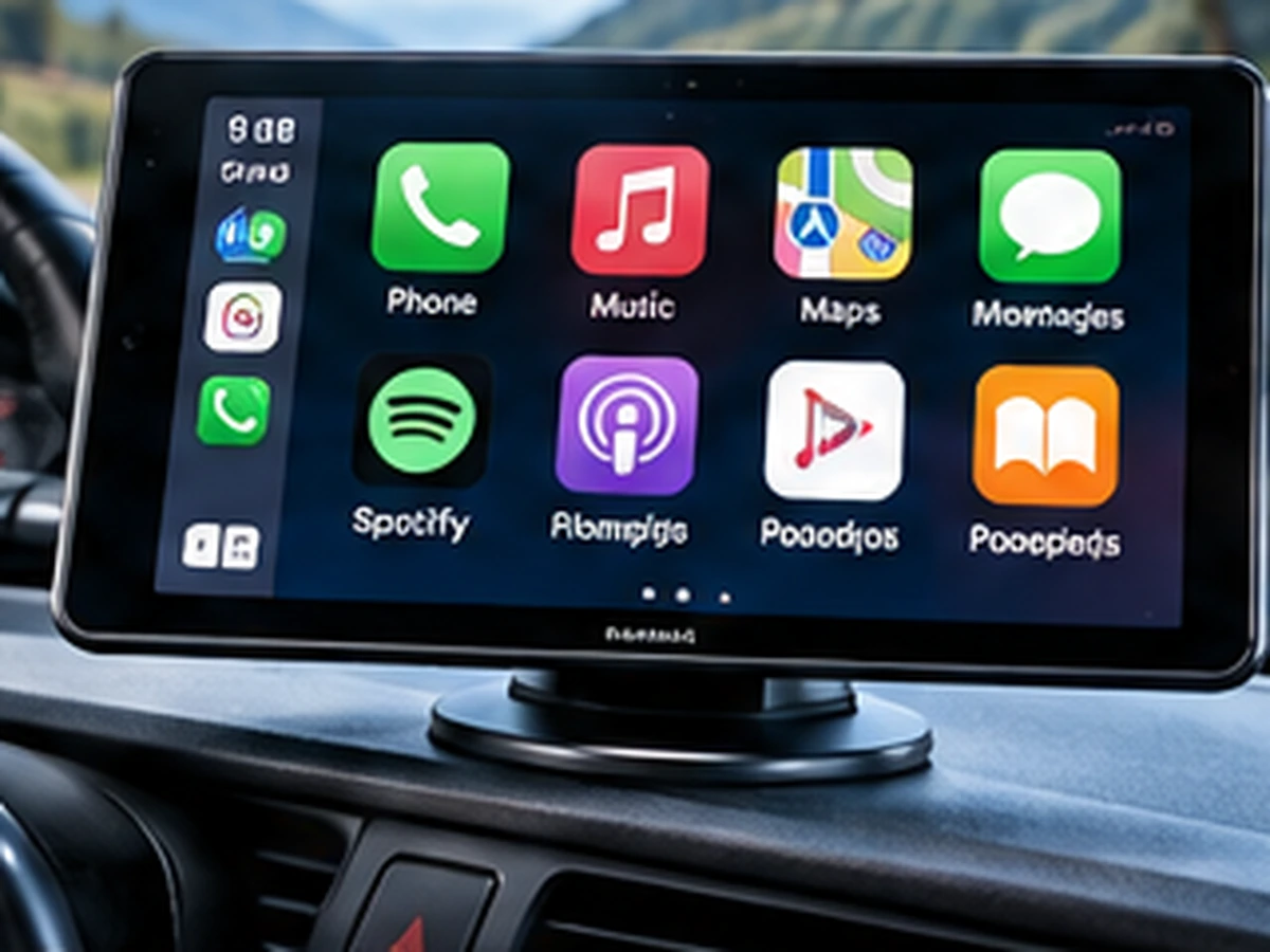 Portable Apple CarPlay screen mounted on a car dashboard
