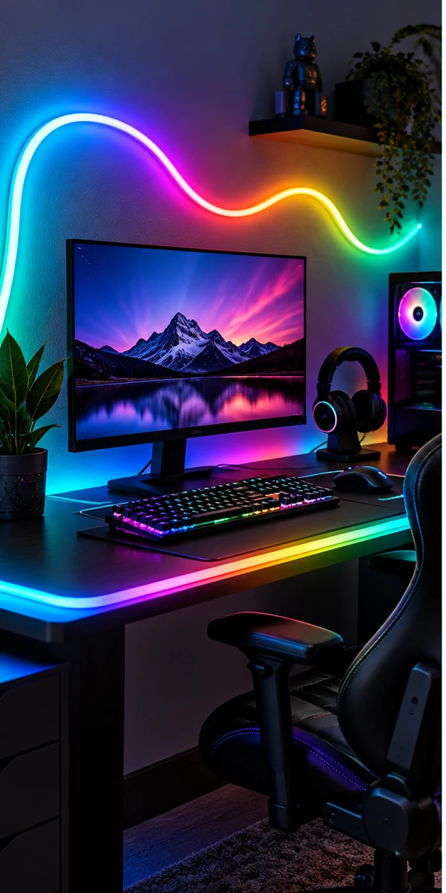 RGBIC neon rope and LED strip lights in a gaming room