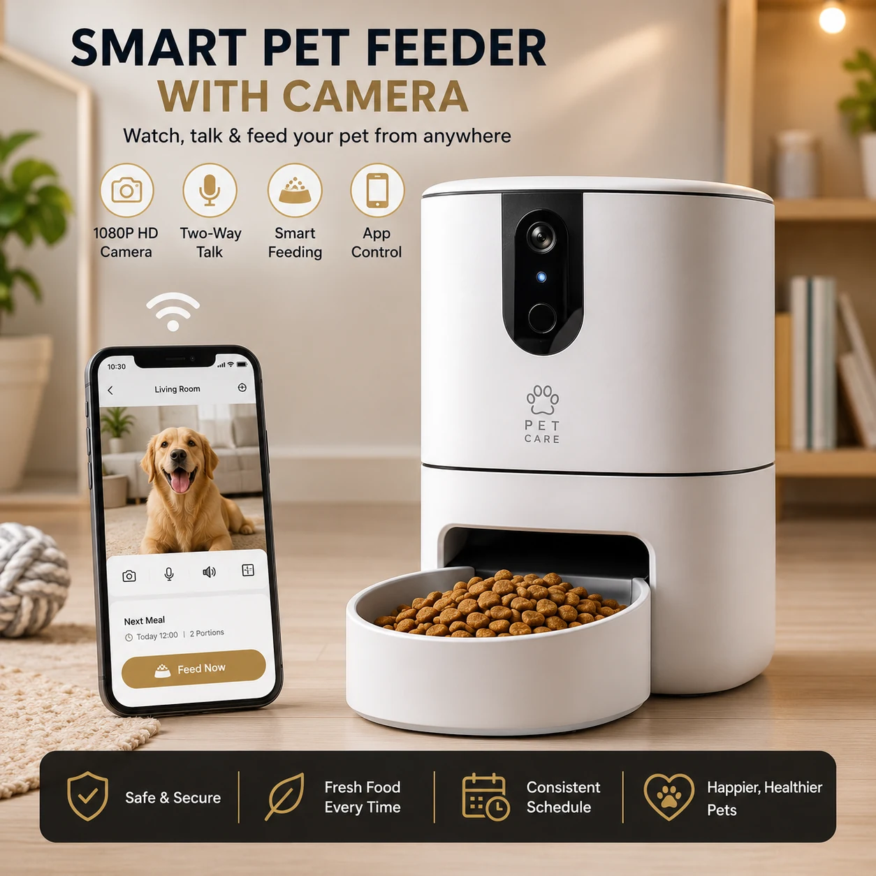 Smart pet feeder with built-in camera, app control and food bowl