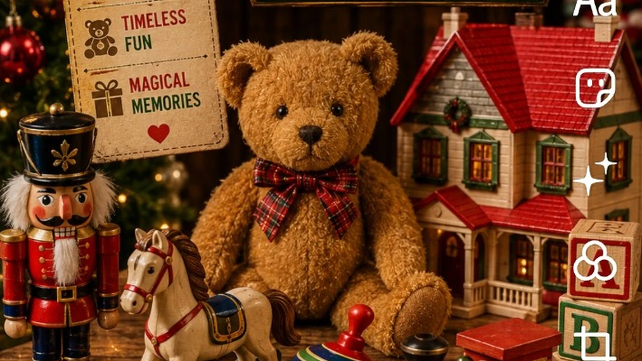Traditional Christmas toy collection with teddy bear, rocking horse, nutcracker, dollhouse and classic toys
