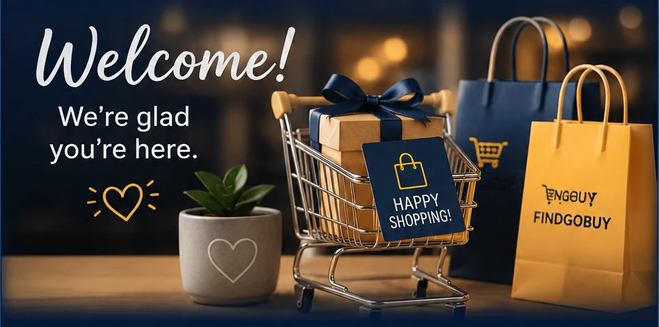 A warm FINDGOBUY welcome with shopping gifts and a friendly heart motif
